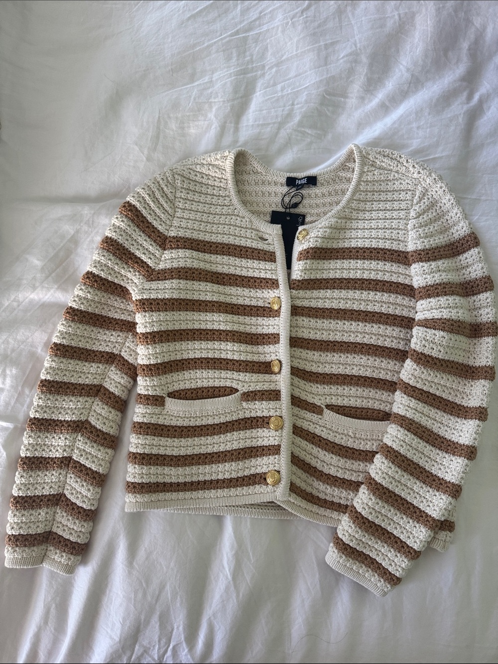 Never Worn Paige Crochet Stripe Sweater Jacket - Cream & Camel